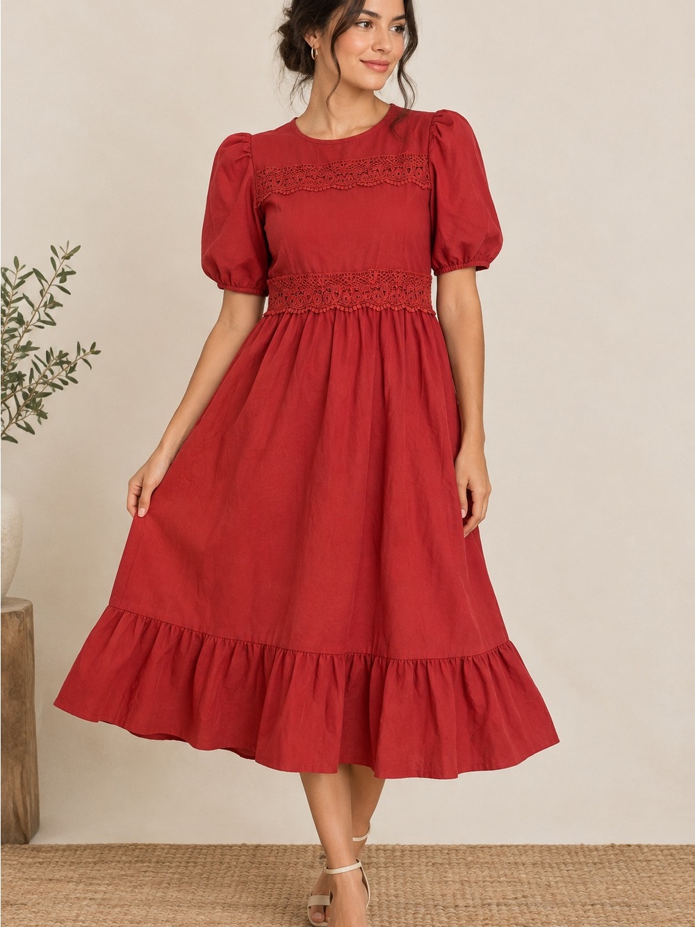 Rust Red Puff-Sleeve Midi Dress with Lace Waist
